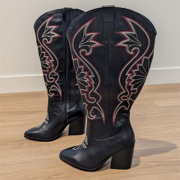 Torrid Tall Zip Cowboy Boots 6WW Black Wide Width‎ Western Embroidery Block Heel - Picture 1 of 16